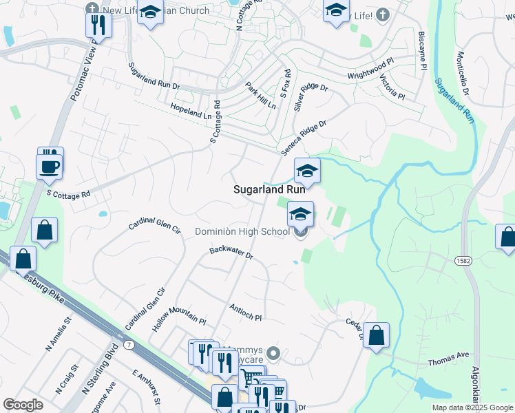 map of restaurants, bars, coffee shops, grocery stores, and more near 21232 Bullrush Place in Sterling