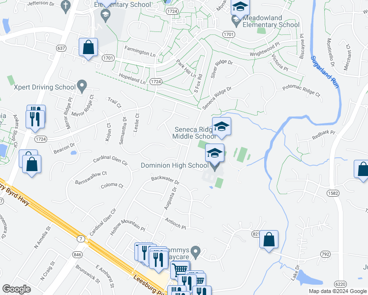 map of restaurants, bars, coffee shops, grocery stores, and more near 21232 Bullrush Place in Sterling