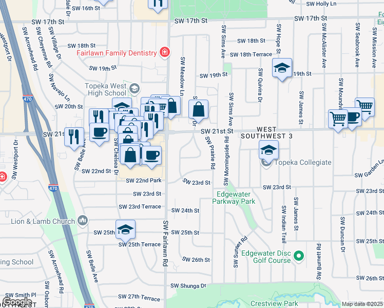 map of restaurants, bars, coffee shops, grocery stores, and more near 2107 Southwest Crest Drive in Topeka