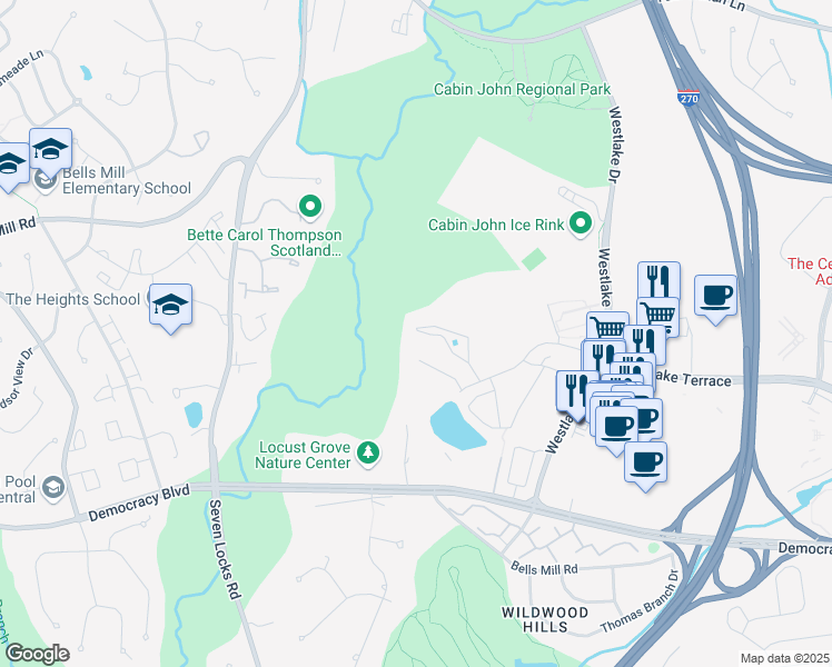 map of restaurants, bars, coffee shops, grocery stores, and more near 7533 Spring Lake Drive in Bethesda