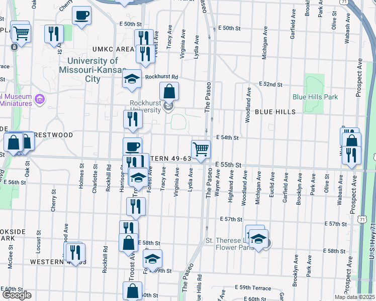 map of restaurants, bars, coffee shops, grocery stores, and more near 5407 Lydia Avenue in Kansas City