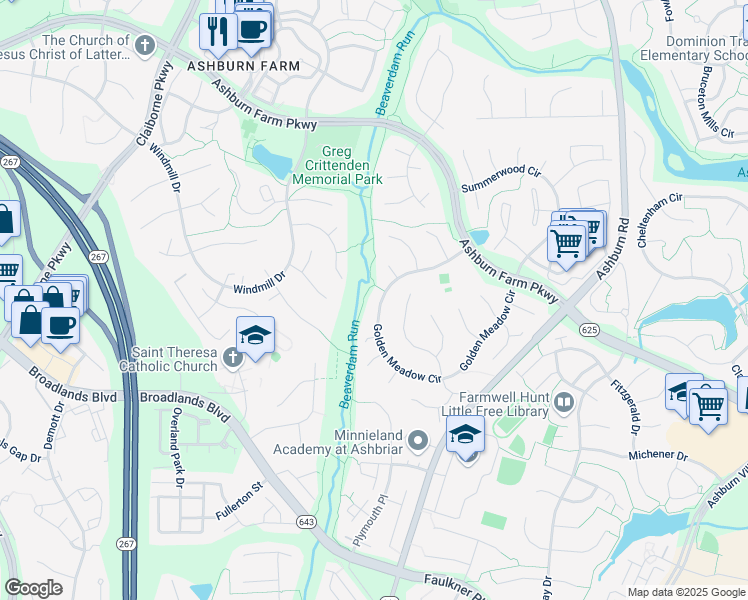 map of restaurants, bars, coffee shops, grocery stores, and more near 43538 Golden Meadow Circle in Ashburn