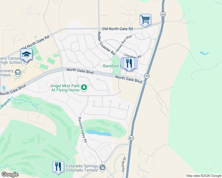 map of restaurants, bars, coffee shops, grocery stores, and more near 13506 Roller Coaster Road in Colorado Springs