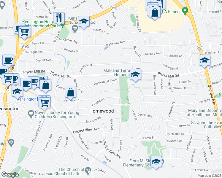 map of restaurants, bars, coffee shops, grocery stores, and more near 3011 Ferndale Street in Kensington