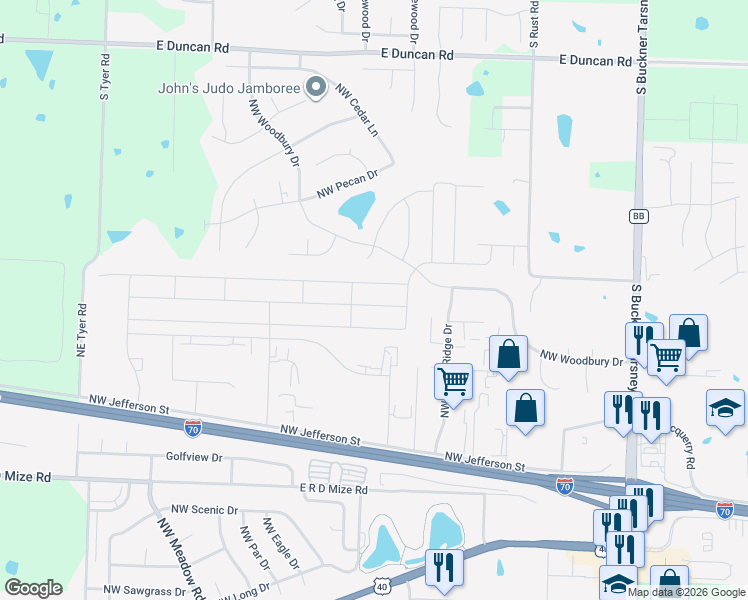 map of restaurants, bars, coffee shops, grocery stores, and more near 613 Northwest Woodbury Drive in Grain Valley