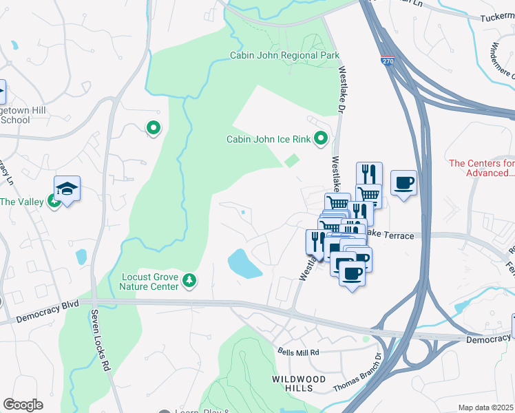 map of restaurants, bars, coffee shops, grocery stores, and more near 7541 Spring Lake Drive in Bethesda