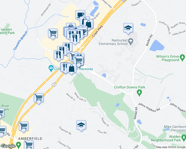 map of restaurants, bars, coffee shops, grocery stores, and more near 1601 Airy Hill Court in Crofton