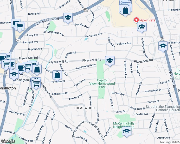map of restaurants, bars, coffee shops, grocery stores, and more near 3011 Ferndale Street in Kensington