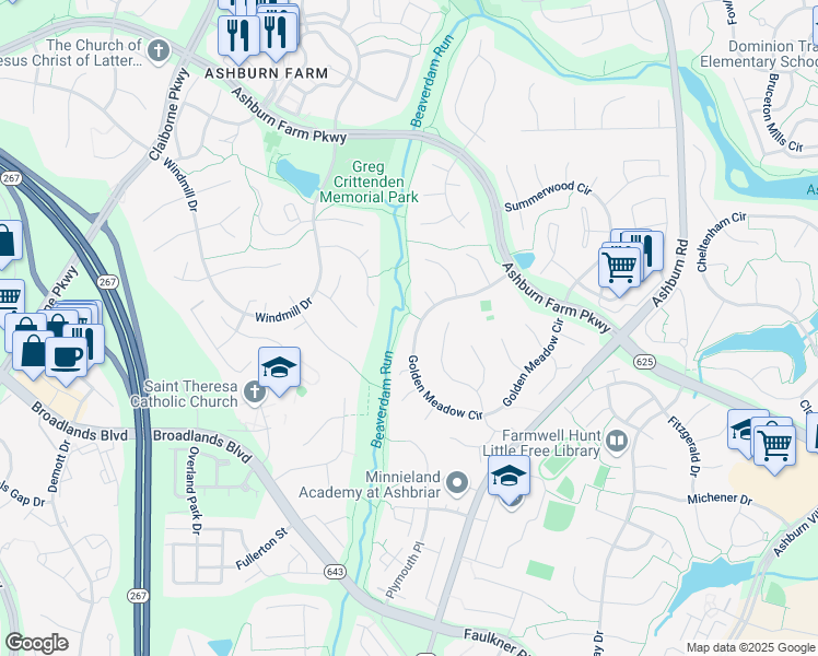 map of restaurants, bars, coffee shops, grocery stores, and more near 43538 Golden Meadow Circle in Ashburn