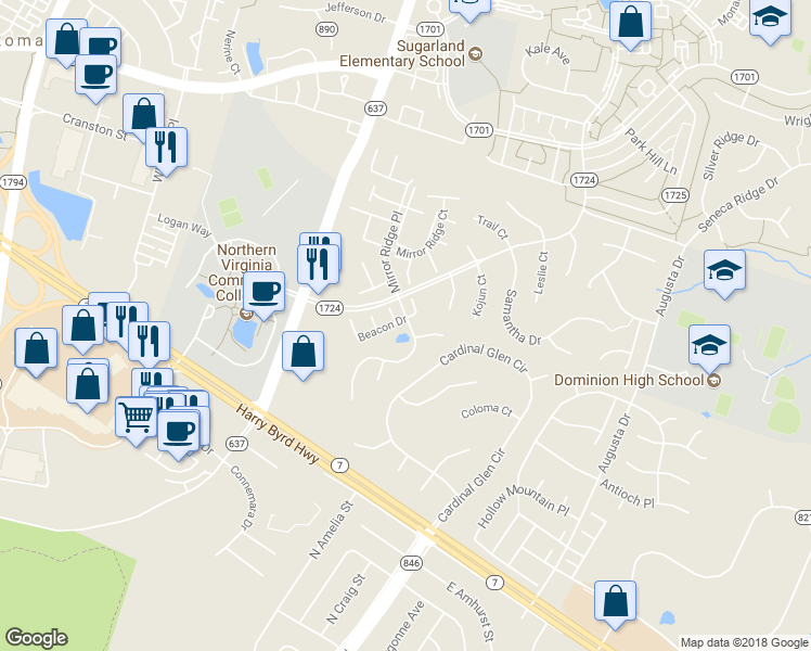 map of restaurants, bars, coffee shops, grocery stores, and more near 201 Beacon Drive in Sterling
