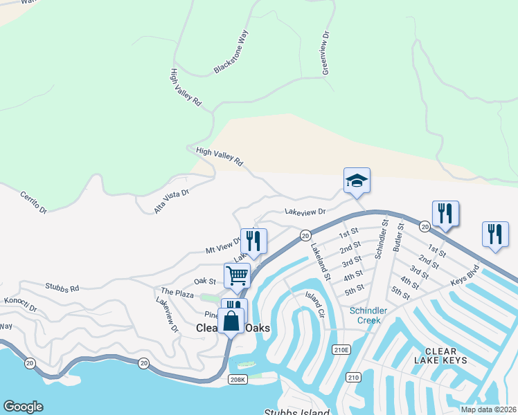 map of restaurants, bars, coffee shops, grocery stores, and more near 12636 Lakeview Drive in Clearlake Oaks