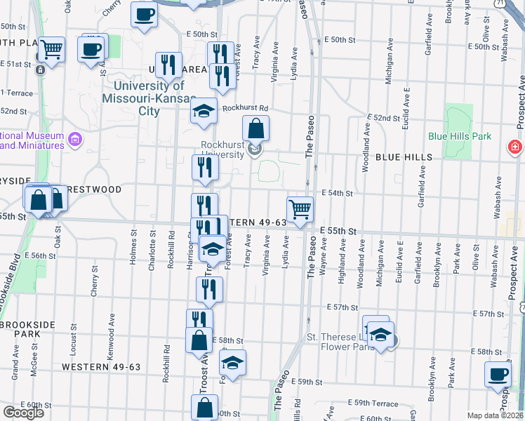map of restaurants, bars, coffee shops, grocery stores, and more near 5408 Virginia Avenue in Kansas City