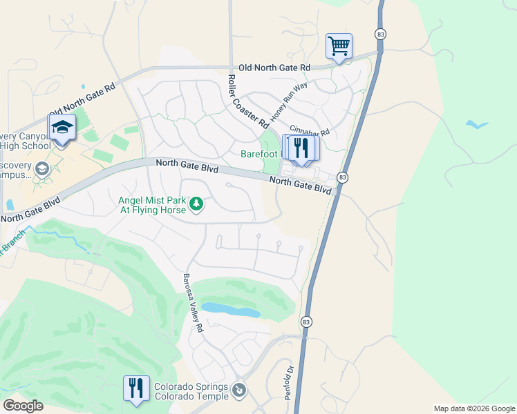 map of restaurants, bars, coffee shops, grocery stores, and more near 13506 Roller Coaster Road in Colorado Springs