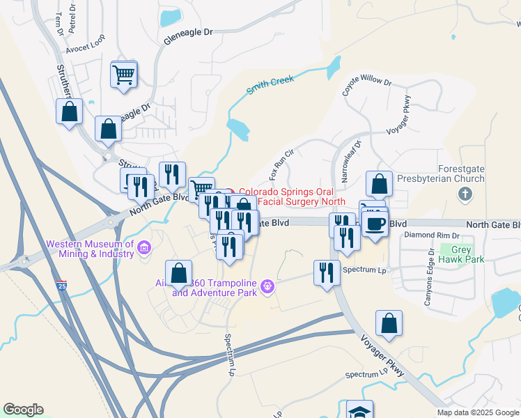 map of restaurants, bars, coffee shops, grocery stores, and more near 483 Fox Run Circle in Colorado Springs
