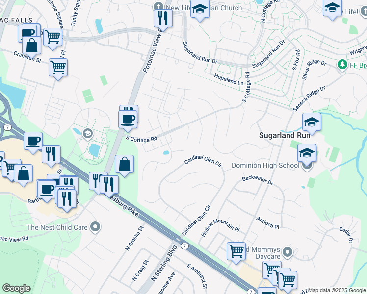map of restaurants, bars, coffee shops, grocery stores, and more near 46672 Baskin Court in Sterling