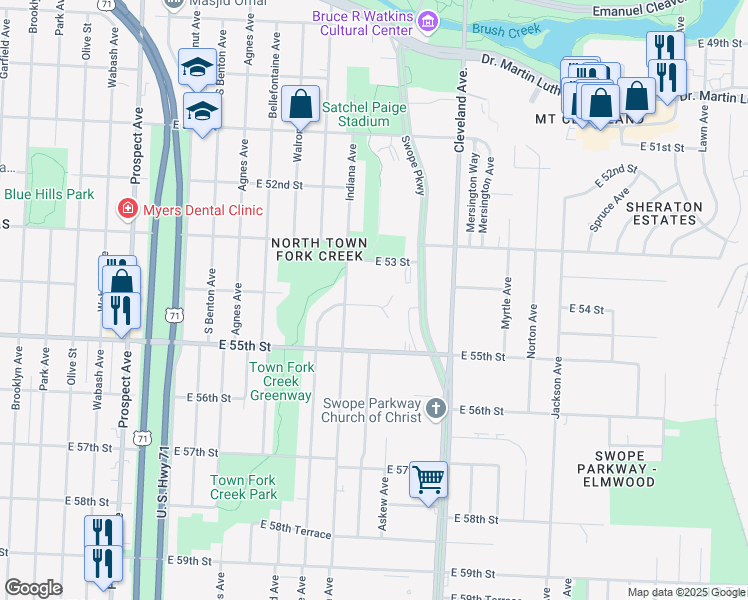 map of restaurants, bars, coffee shops, grocery stores, and more near 3408 East 54 Street in Kansas City