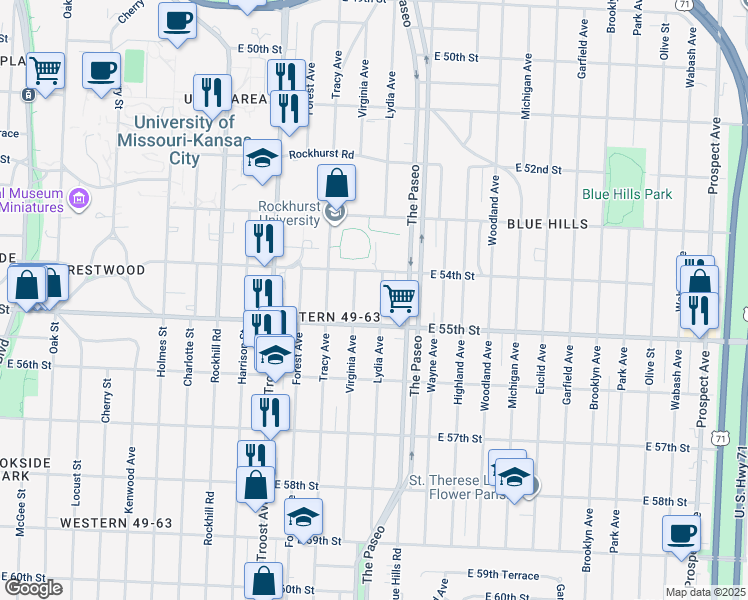 map of restaurants, bars, coffee shops, grocery stores, and more near 5407 Lydia Avenue in Kansas City