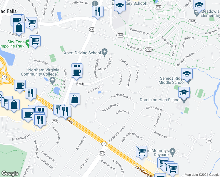map of restaurants, bars, coffee shops, grocery stores, and more near 46672 Baskin Court in Sterling