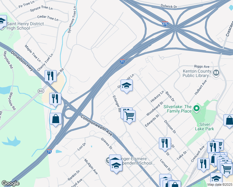 map of restaurants, bars, coffee shops, grocery stores, and more near 547 Greenfield Lane in Erlanger