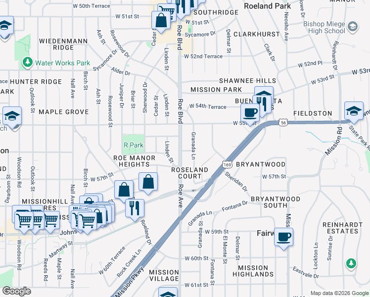 map of restaurants, bars, coffee shops, grocery stores, and more near 5527 Roe Boulevard in Roeland Park