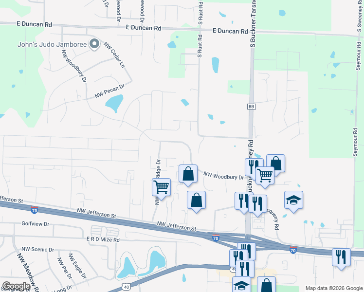 map of restaurants, bars, coffee shops, grocery stores, and more near 422 Northwest Woodbury Drive in Grain Valley