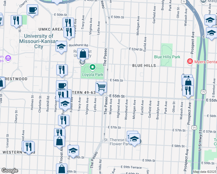 map of restaurants, bars, coffee shops, grocery stores, and more near 5421 The Paseo in Kansas City