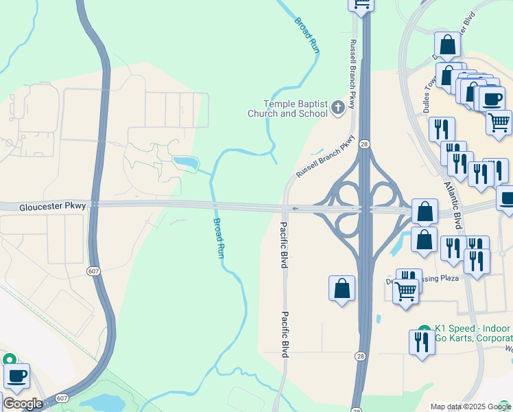 map of restaurants, bars, coffee shops, grocery stores, and more near 21391 Pacific Boulevard in Sterling