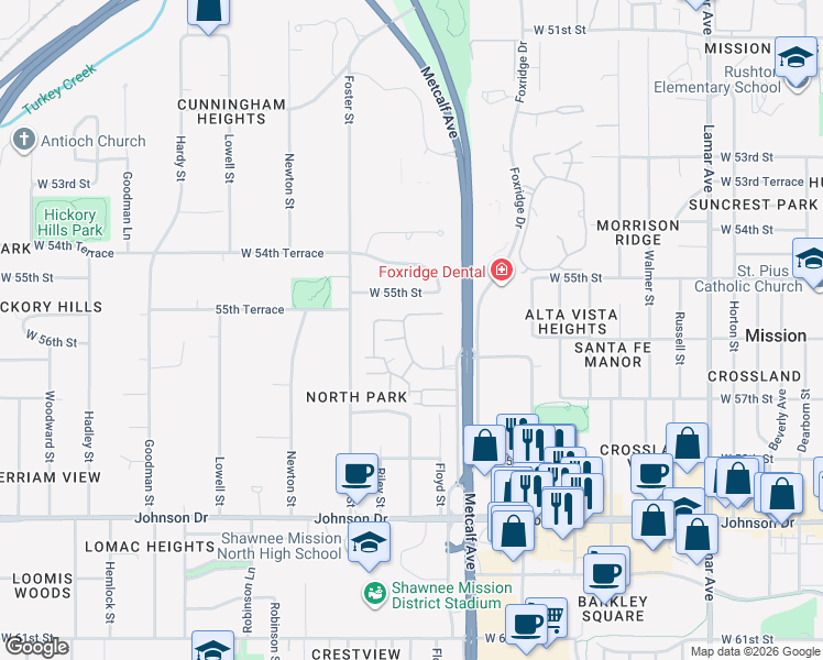 map of restaurants, bars, coffee shops, grocery stores, and more near 7203 West 55th Street in Mission