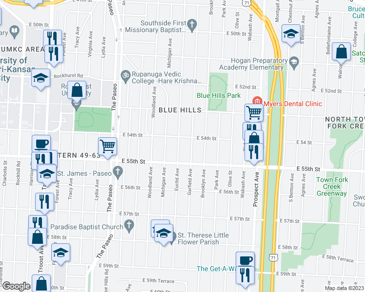 map of restaurants, bars, coffee shops, grocery stores, and more near 5415 Euclid Avenue in Kansas City