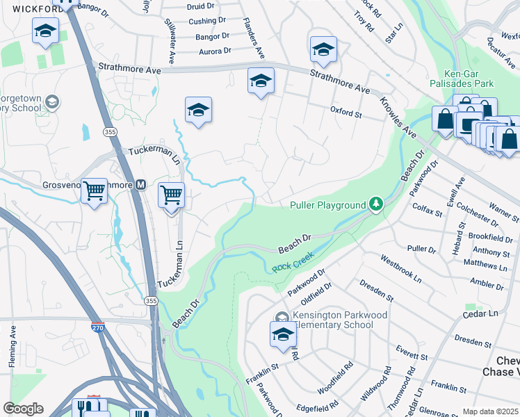 map of restaurants, bars, coffee shops, grocery stores, and more near 10601 Weymouth Street in Bethesda