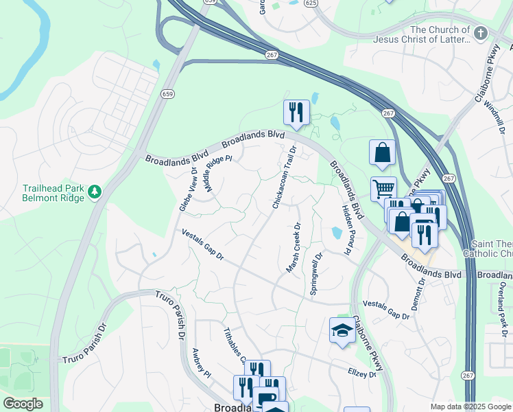 map of restaurants, bars, coffee shops, grocery stores, and more near Meander Crossing Court in Loudoun County