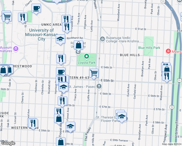 map of restaurants, bars, coffee shops, grocery stores, and more near 5421 Lydia Avenue in Kansas City