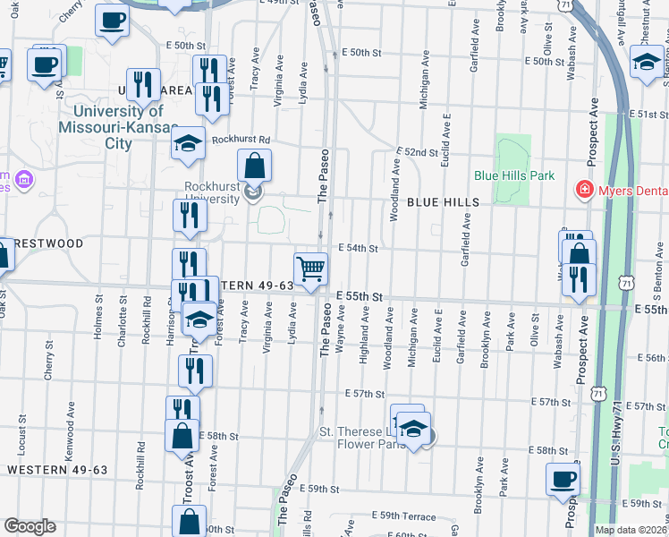 map of restaurants, bars, coffee shops, grocery stores, and more near 5421 The Paseo in Kansas City