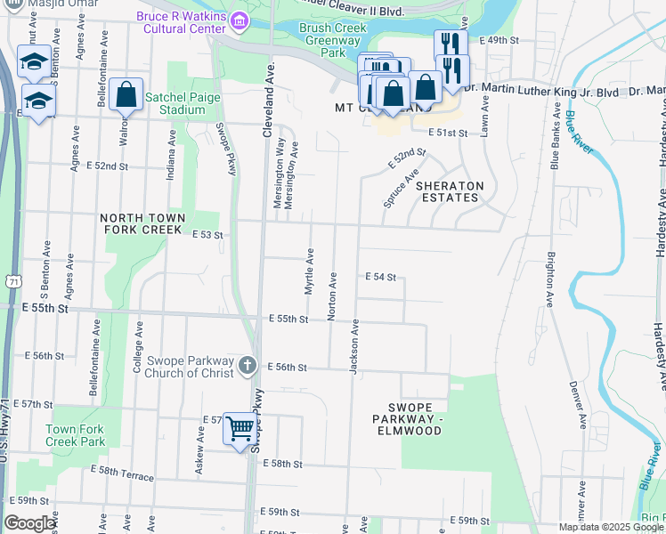 map of restaurants, bars, coffee shops, grocery stores, and more near 5356 Norton Avenue in Kansas City