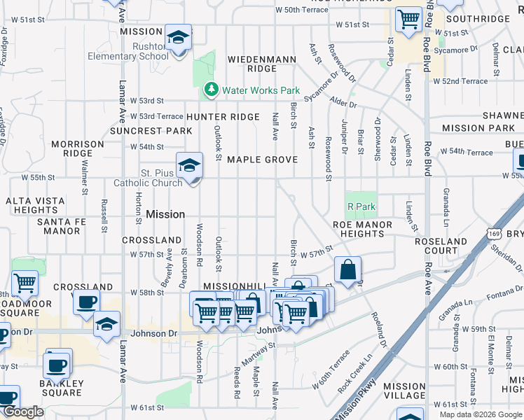 map of restaurants, bars, coffee shops, grocery stores, and more near 5521 Maple Street in Mission