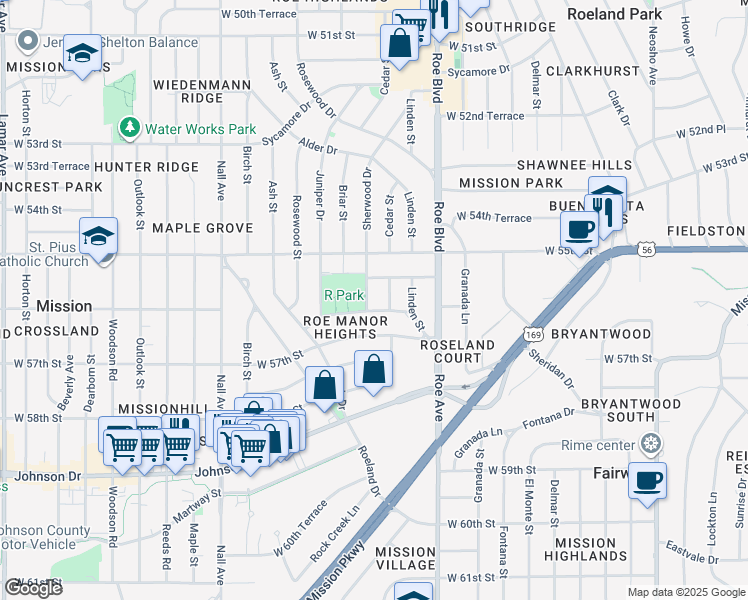 map of restaurants, bars, coffee shops, grocery stores, and more near 5523 Sherwood Drive in Roeland Park