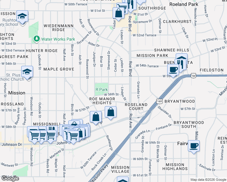 map of restaurants, bars, coffee shops, grocery stores, and more near 5523 Sherwood Drive in Roeland Park