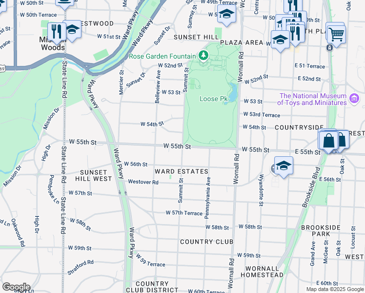 map of restaurants, bars, coffee shops, grocery stores, and more near 3675 Summit Street in Kansas City