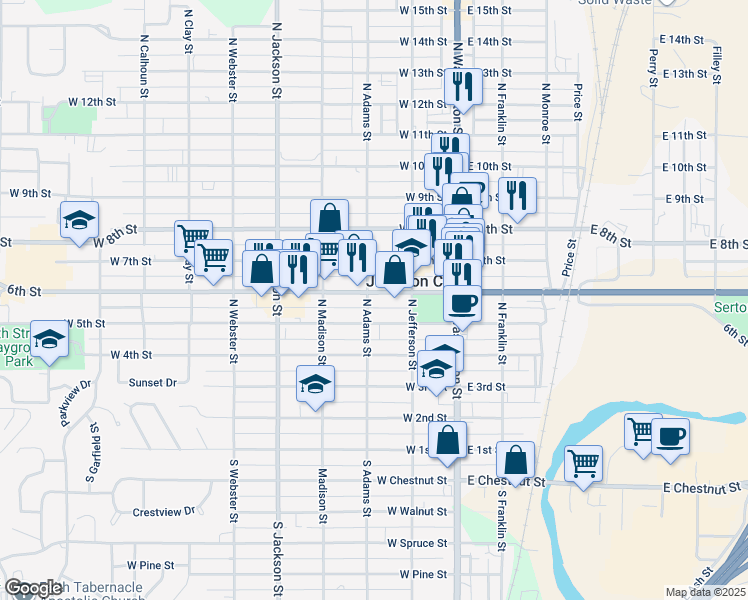 map of restaurants, bars, coffee shops, grocery stores, and more near 511 North Adams Street in Junction City