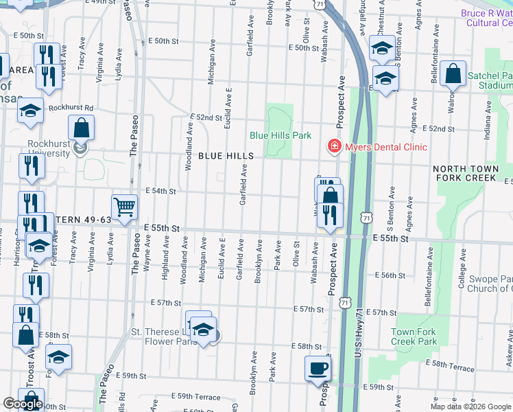 map of restaurants, bars, coffee shops, grocery stores, and more near 5400 Brooklyn Avenue in Kansas City