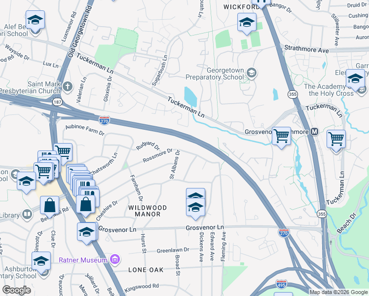 map of restaurants, bars, coffee shops, grocery stores, and more near 5725 Rossmore Drive in Bethesda