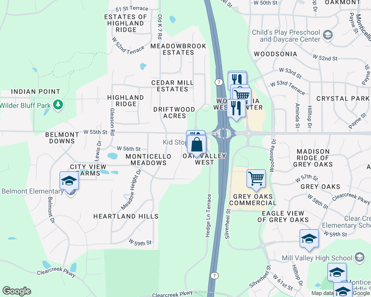 map of restaurants, bars, coffee shops, grocery stores, and more near 5565 Meadow View Drive in Shawnee