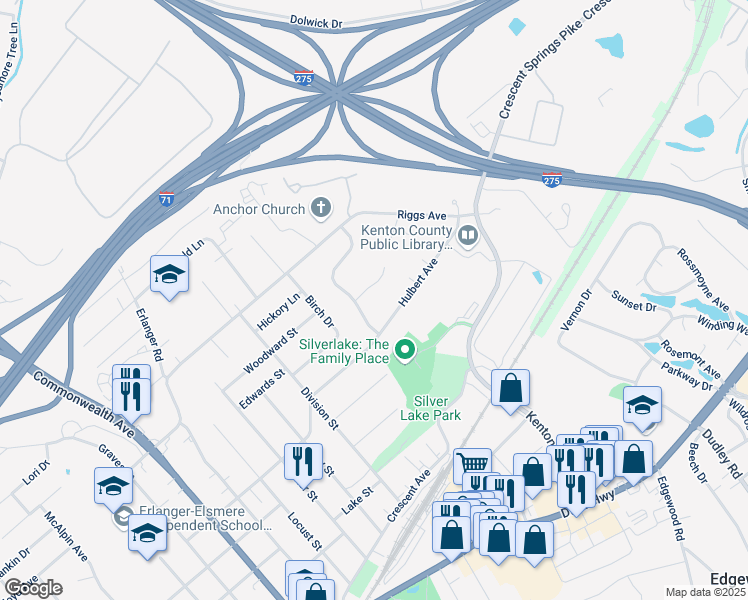 map of restaurants, bars, coffee shops, grocery stores, and more near 3124 Churchill Avenue in Erlanger