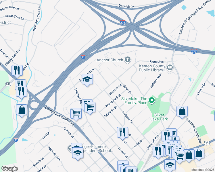 map of restaurants, bars, coffee shops, grocery stores, and more near 506 Greenfield Lane in Erlanger