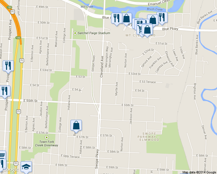 map of restaurants, bars, coffee shops, grocery stores, and more near 3808 East 53rd Terrace in Kansas City