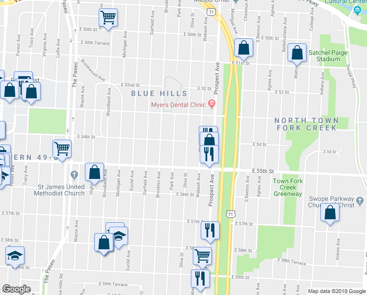 map of restaurants, bars, coffee shops, grocery stores, and more near 5347 Olive Street in Kansas City