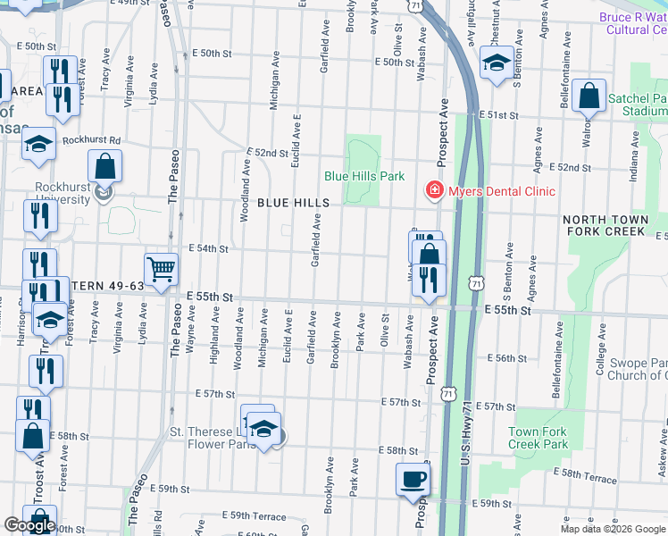 map of restaurants, bars, coffee shops, grocery stores, and more near 5400 Brooklyn Avenue in Kansas City