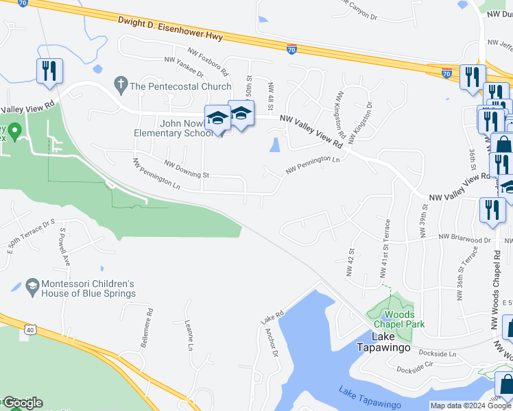 map of restaurants, bars, coffee shops, grocery stores, and more near 909 Northwest Pennington Court in Blue Springs