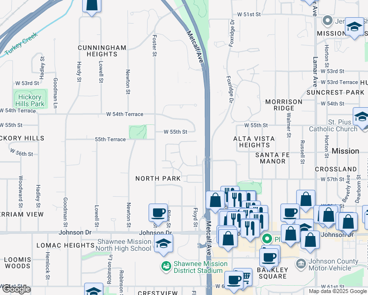 map of restaurants, bars, coffee shops, grocery stores, and more near 7203 West 55th Street in Mission