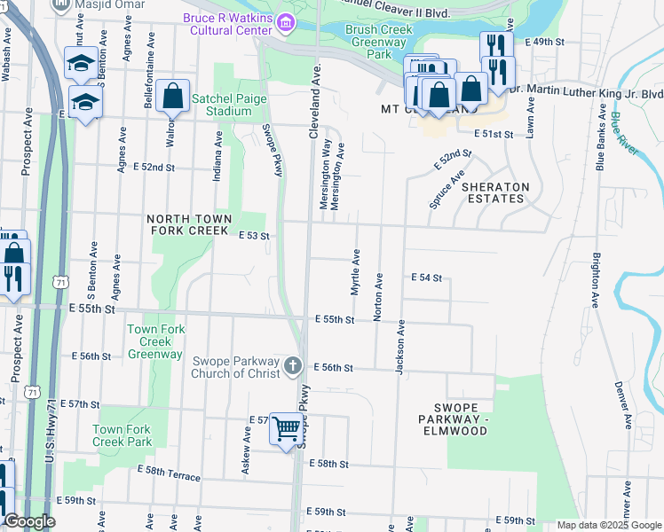 map of restaurants, bars, coffee shops, grocery stores, and more near 3808 East 53rd Terrace in Kansas City